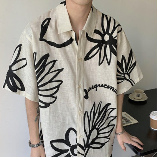 Camisa para hombre de manga corta lino diseño floral artístico - Jörg