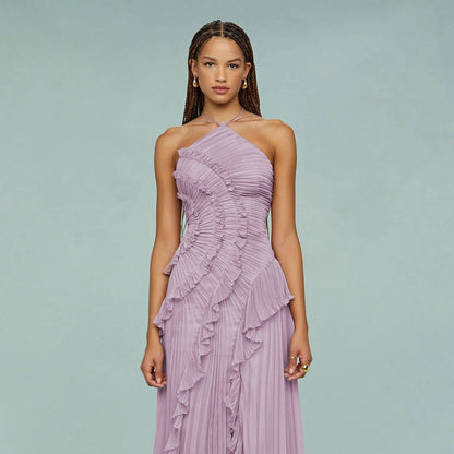 Vestido largo mujer gasa plisada asimétrico elegante - Violeta