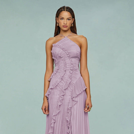 Vestido largo mujer gasa plisada asimétrico elegante - Violeta