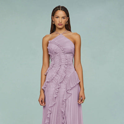 Vestido largo mujer gasa plisada asimétrico elegante - Violeta