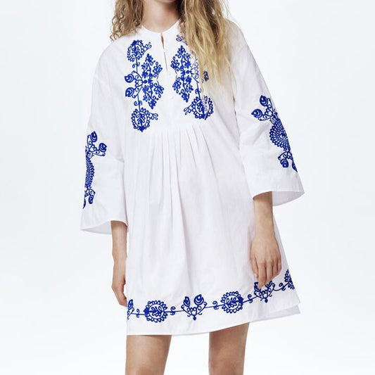 Vestido corto para mujer de algodón bordado estilo étnico corte holgado - Irati