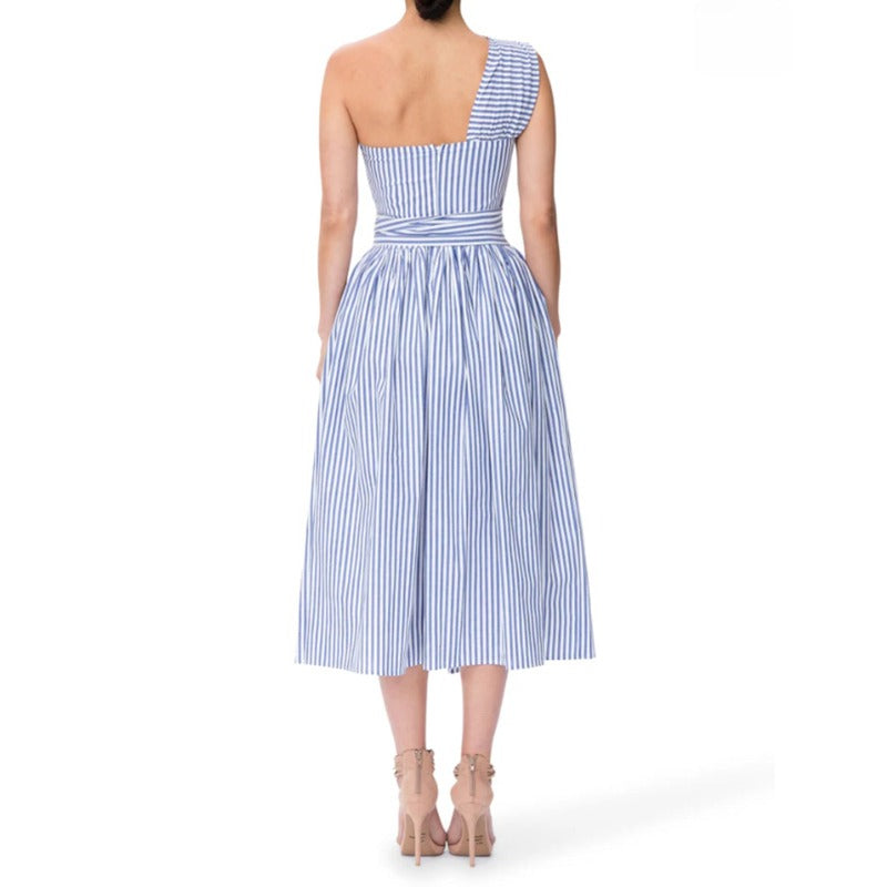 Vestido midi para mujer de rayas finas escote asimétrico - Berenice