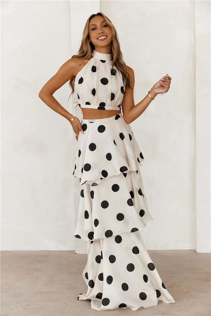 Conjunto mujer lunares top halter y falda larga volantes - Keyla