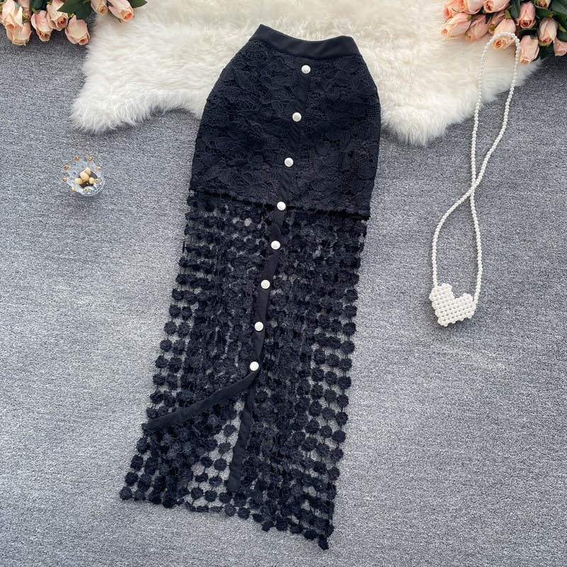 Falda larga para mujer de encaje con detalles florales y botones corte recto - Solène