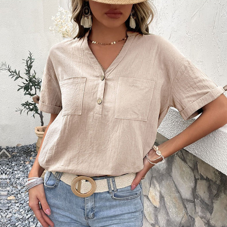 Blusa para mujer de lino casual escote en V manga corta - Teresa