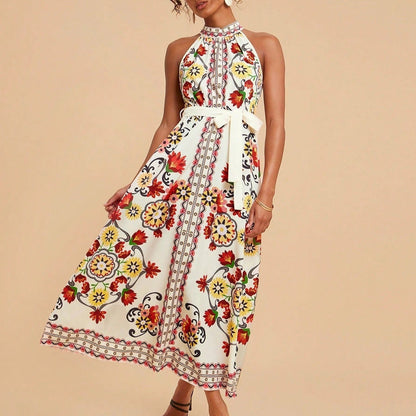 Vestido para mujer sin mangas cuello halter estampado floral midi - Carmela
