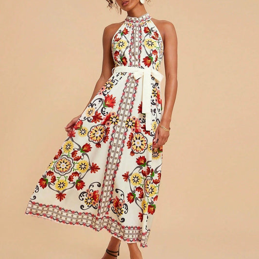 Vestido para mujer sin mangas cuello halter estampado floral midi - Carmela