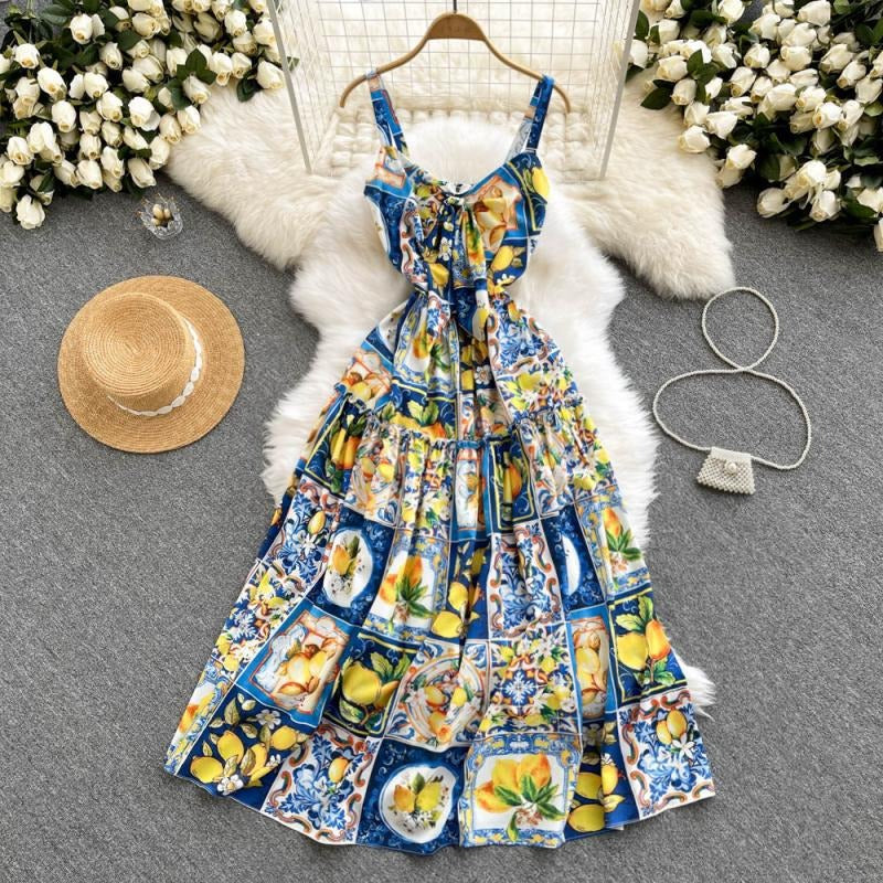 Vestido largo para mujer con estampado cítricos estilo con tirantes - Nina