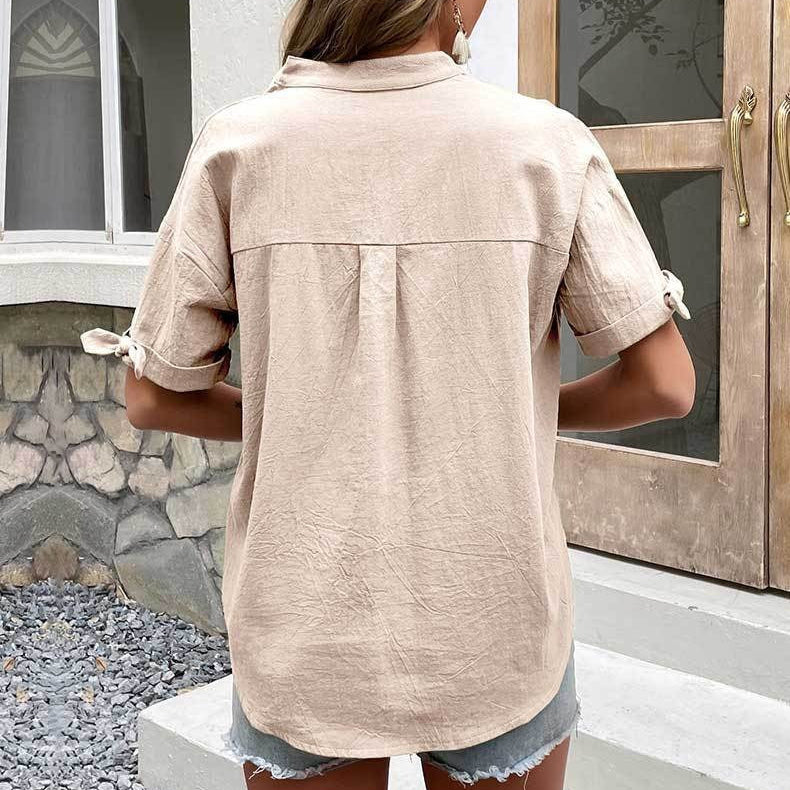 Blusa para mujer de lino casual escote en V manga corta - Teresa
