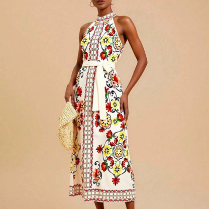 Vestido para mujer sin mangas cuello halter estampado floral midi - Carmela