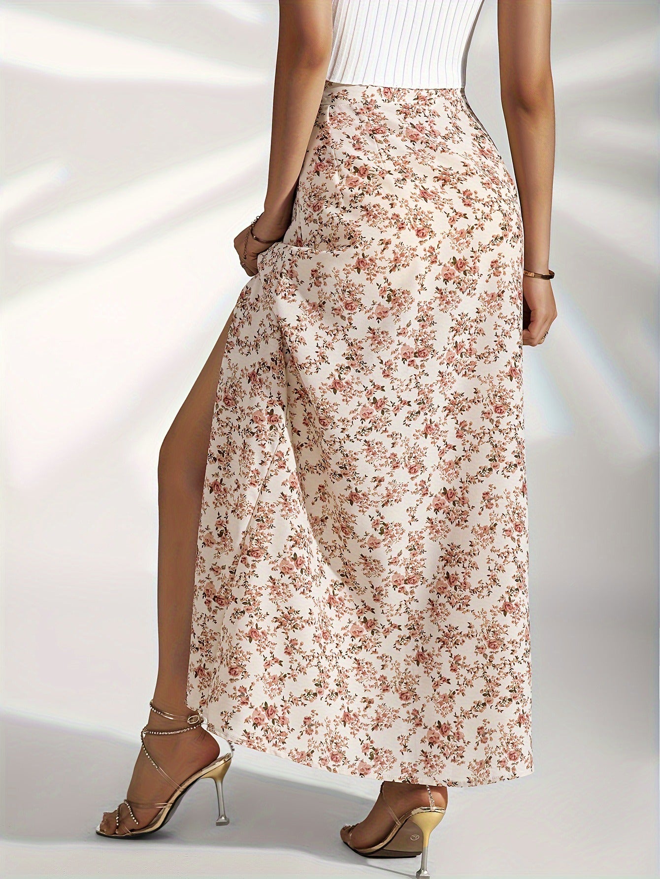 Falda larga mujer floral con abertura lateral - Celeste