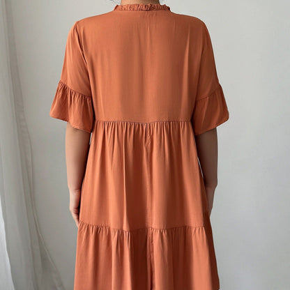 Vestido corto para mujer de algodón con cuello fruncido estilo evasé - Ariana