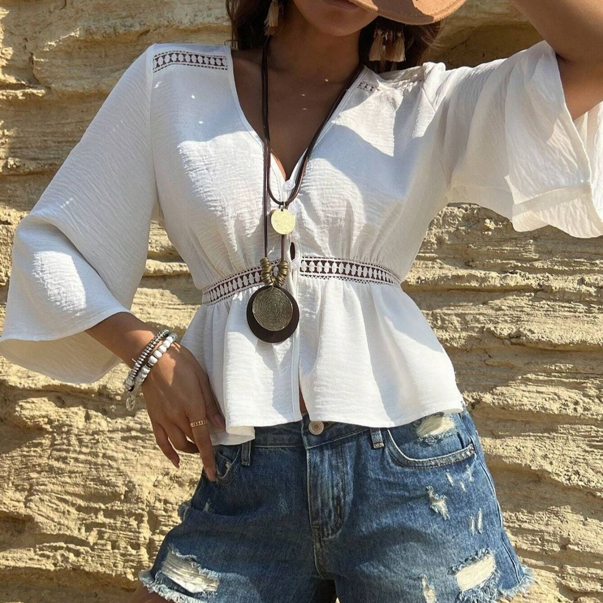 Blusa para mujer de algodón escote en pico estilo bohemio - Alicia