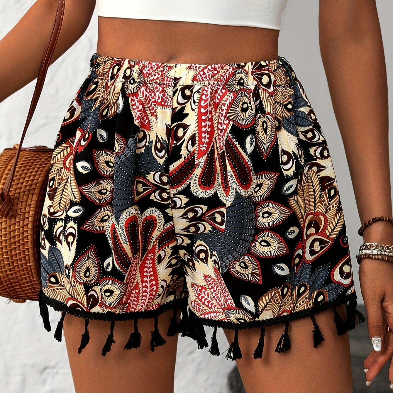 Shorts mujer tiro alto estampado bohemio con borlas - Naïra