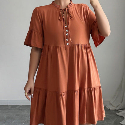 Vestido corto para mujer de algodón con cuello fruncido estilo evasé - Ariana