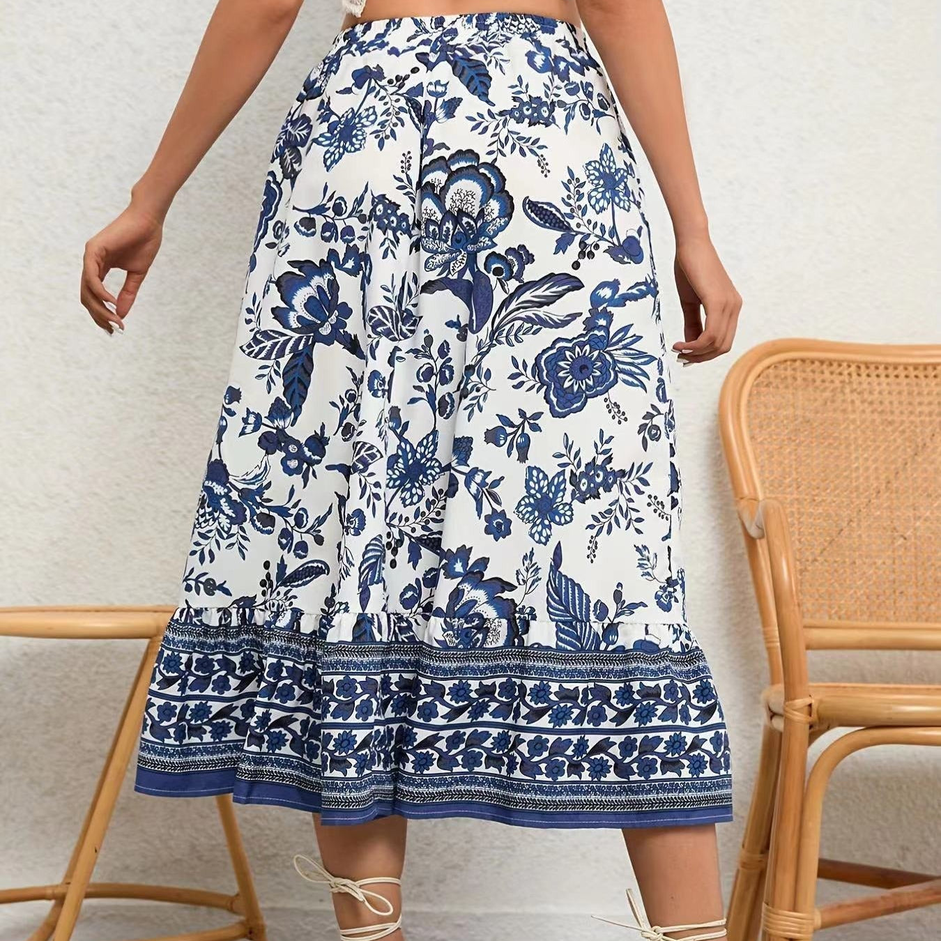 Falda midi para mujer de Algodón estampado floral con corte acampanado - Brigitte