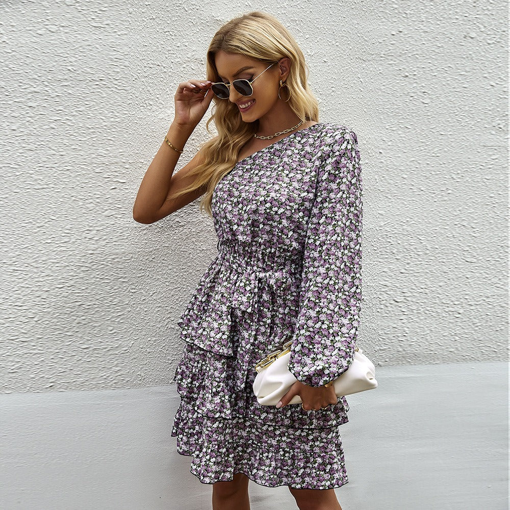 Vestido floral para mujer de manga larga con volante estilo asimétrico - Emilia