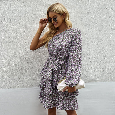 Vestido floral para mujer de manga larga con volante estilo asimétrico - Emilia