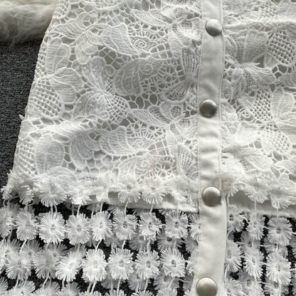 Falda larga para mujer de encaje con detalles florales y botones corte recto - Solène
