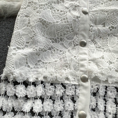 Falda larga para mujer de encaje con detalles florales y botones corte recto - Solène