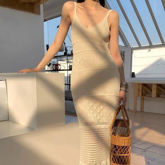 Vestido largo para mujer de punto calado de tirantes finos - Amandine