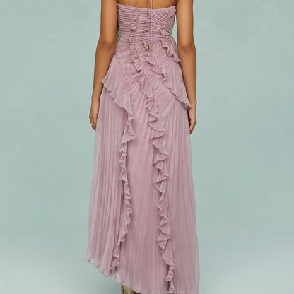 Vestido largo mujer gasa plisada asimétrico elegante - Violeta