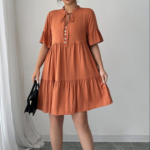 Vestido corto para mujer de algodón con cuello fruncido estilo evasé - Ariana