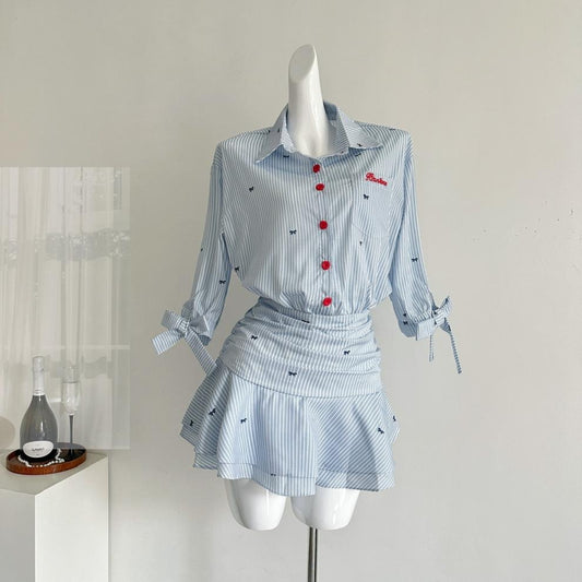 Vestido de mujer a rayas con blusa de botones y minifalda plisada - Norys
