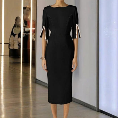 Vestido midi para mujer elegante entallado con detalle de perlas - Amaia