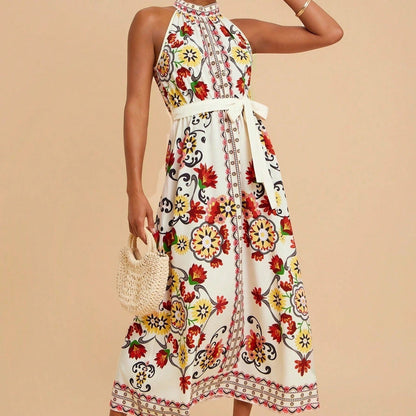 Vestido para mujer sin mangas cuello halter estampado floral midi - Carmela