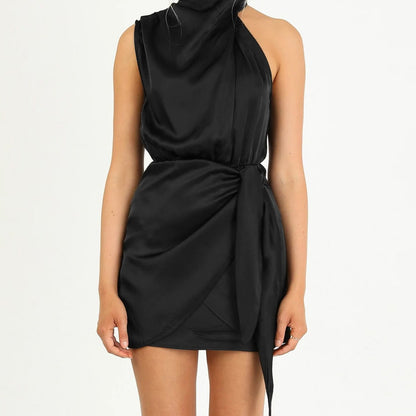 Vestido mujer satén escote drapeado corto elegante - Moraima