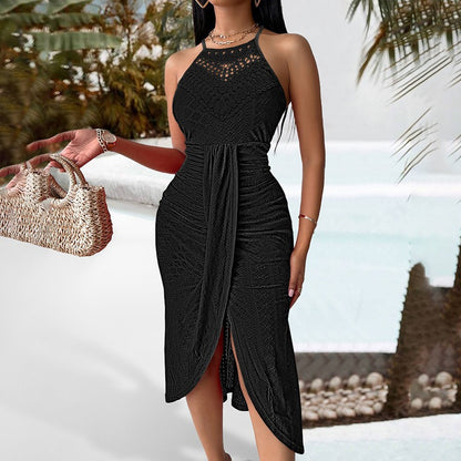 Vestido midi para mujer crochet calado con abertura frontal - Elvia