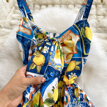 Vestido largo para mujer con estampado cítricos estilo con tirantes - Nina