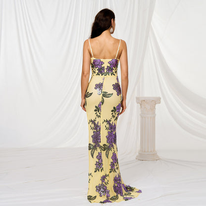 Vestido largo para mujer con lentejuelas estampado floral corte ajustado - Fabiana