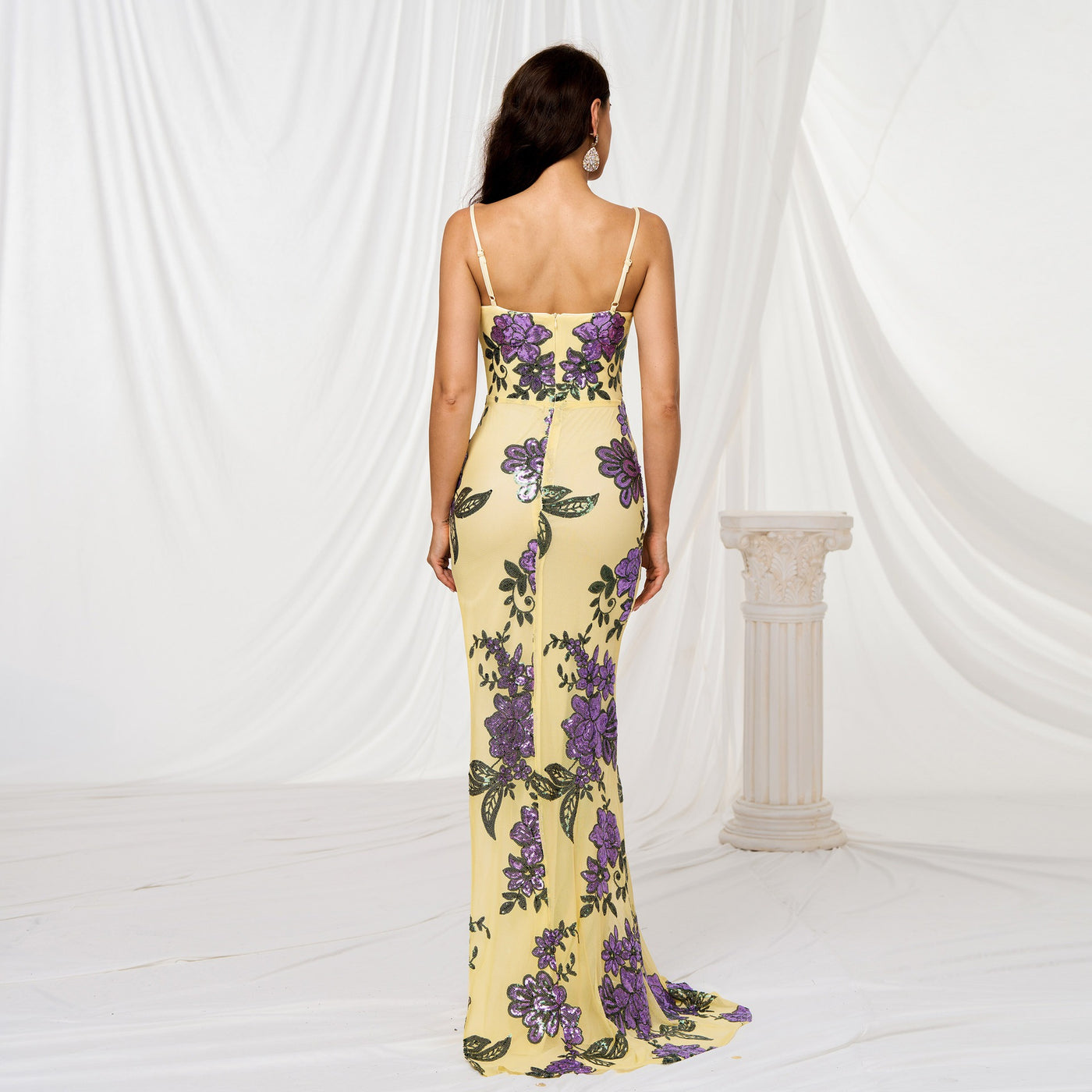 Vestido largo para mujer con lentejuelas estampado floral corte ajustado - Fabiana