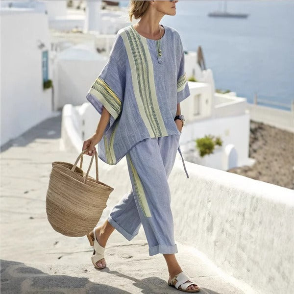 Conjunto mujer lino rayas anchas estilo mediterráneo - Danae