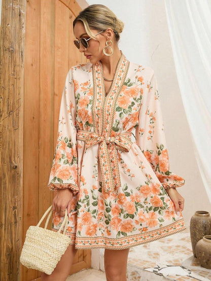 Vestido corto mujer floral bohemio con cinturón - Elvire