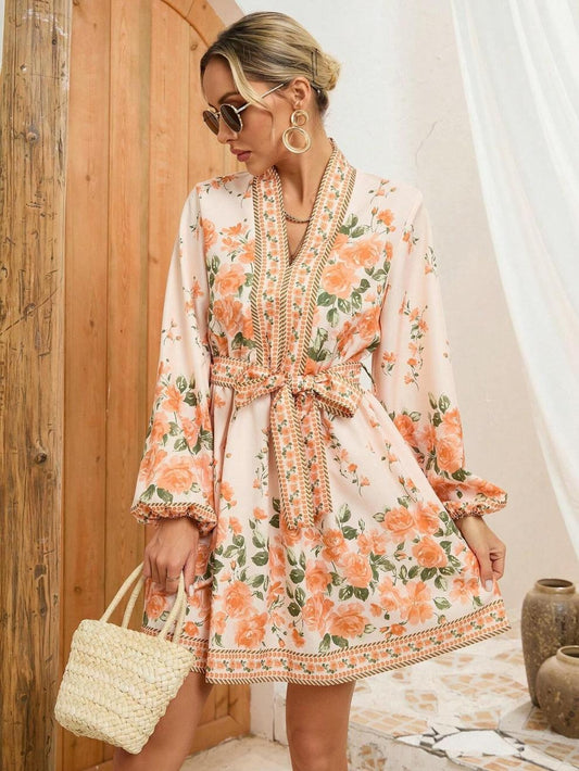Vestido corto mujer floral bohemio con cinturón - Elvire