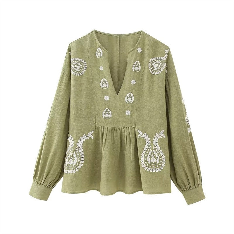 Blusa para mujer de algodón bordado estilo boho escote en pico - Maialen