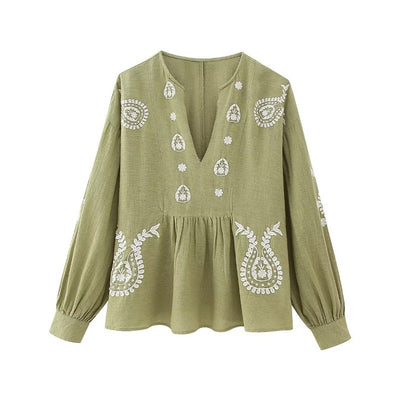 Blusa para mujer de algodón bordado estilo boho escote en pico - Maialen