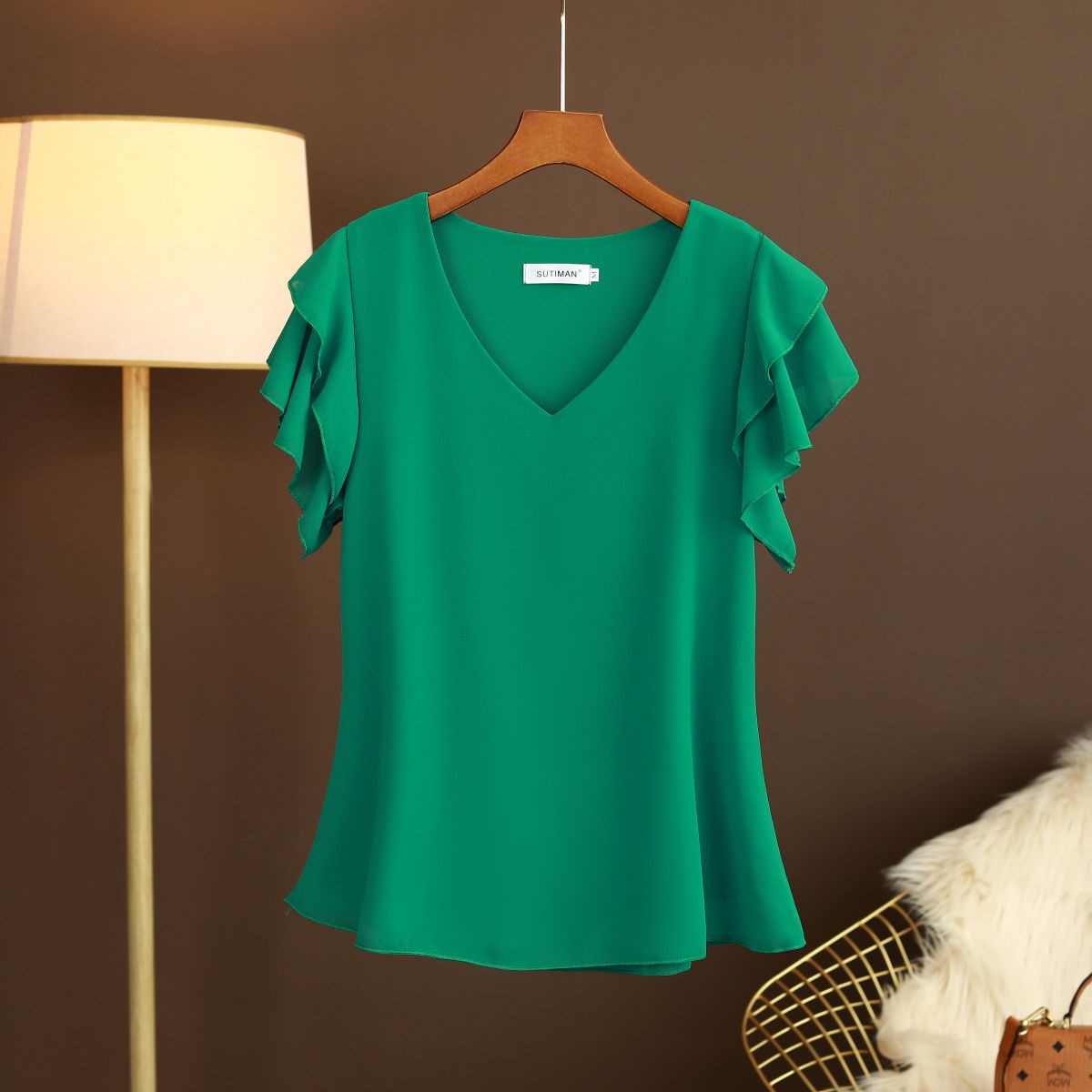 Blusa para mujer de gasa ligera con mangas de volantes escote en pico - Elvira