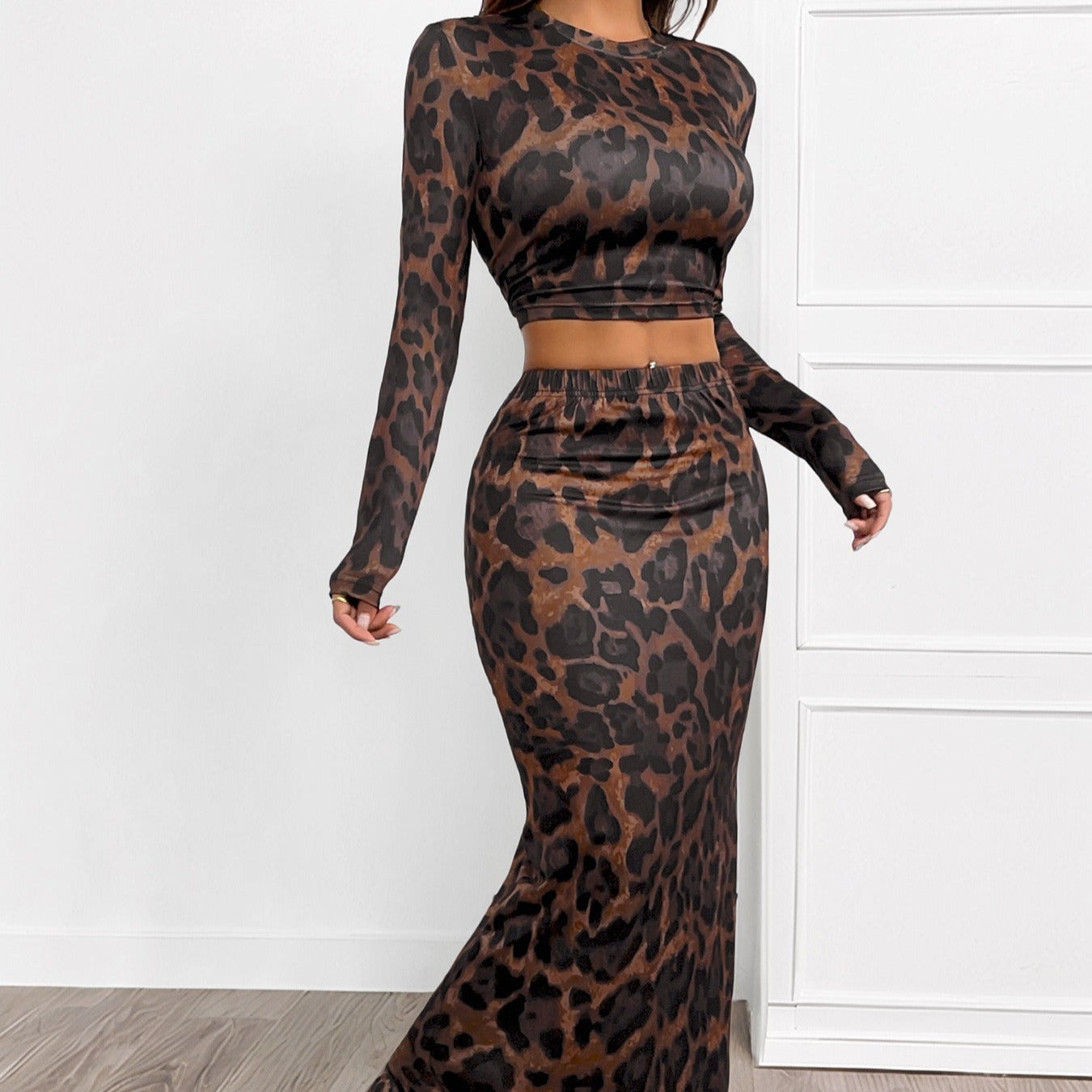 Conjunto de dos piezas para mujer estampado animal estilo ajustado - Perla