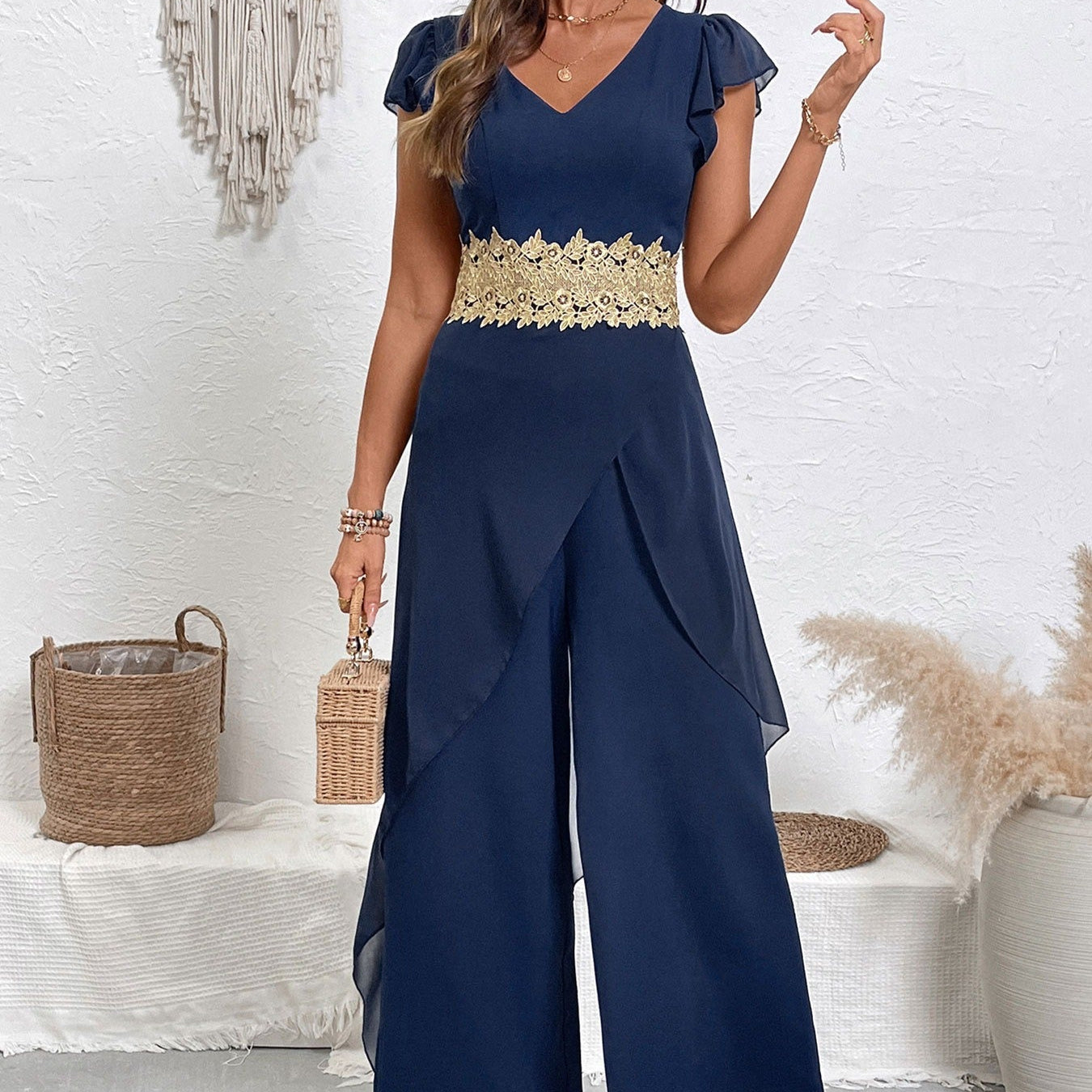 Mono largo para mujer de gasa con encaje floral estilo elegante - Julieta