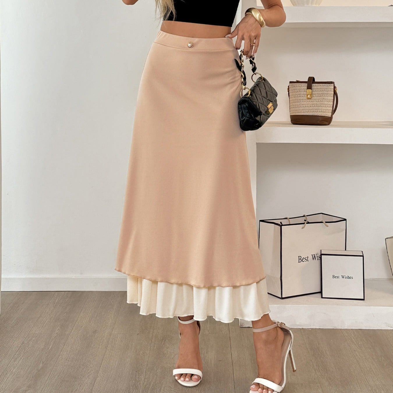 Falda larga para mujer doble capa satinada estilo fluido - Remi