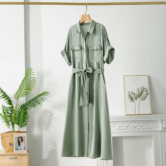 Vestido midi para mujer satinado con cinturón estilo camisero - Gabriela