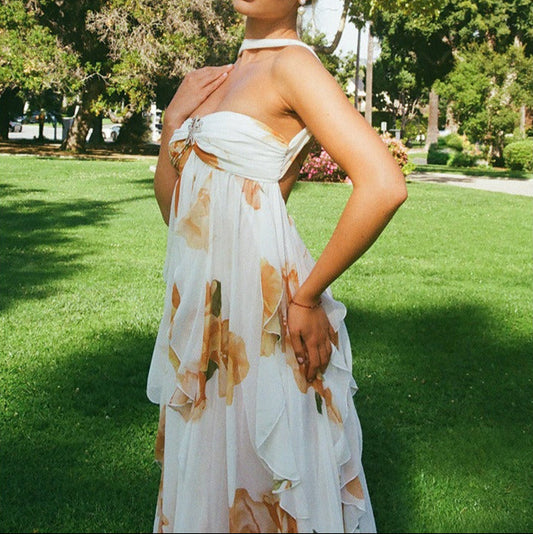 Vestido largo para mujer de gasa estampado floral espalda descubierta - Camille