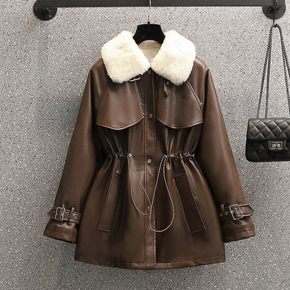 Abrigo mujer entallado efecto cuero con cuello desmontable - Yiva