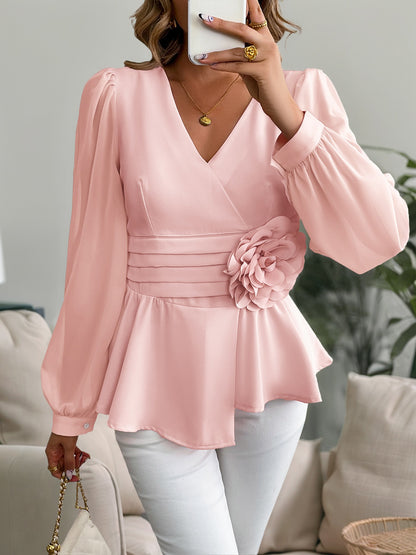 Blusa para mujer con gasa de flor tridimensional estilo peplum - Emilia
