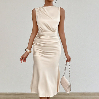 Vestido midi para mujer satén drapeado estilo entallado - Julieta