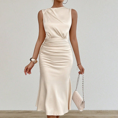 Vestido midi para mujer satén drapeado estilo entallado - Julieta